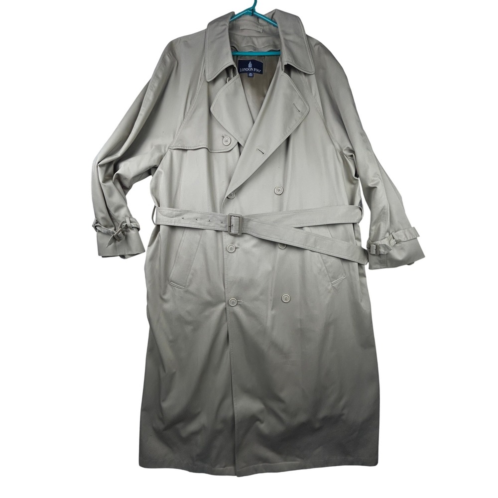London Fog Trench Coat 44L Khaki Double Breasted Belt Zip Liner Mens